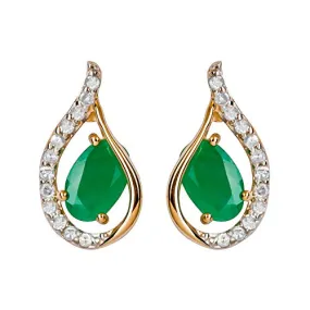 10k Yellow Gold Genuine Oval Emerald and Diamond Curved Halo Drop Earrings