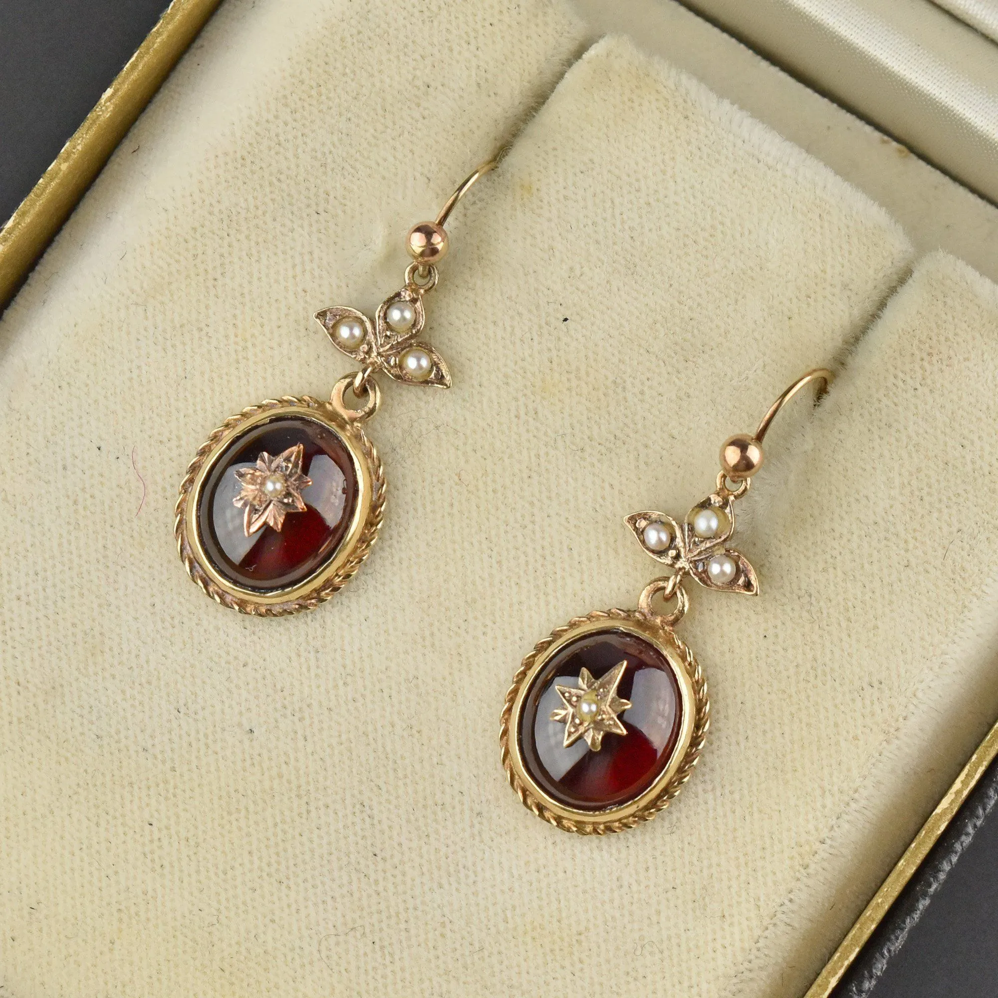 14K Gold Victorian Garnet Cabochon Pearl Dangle Earrings