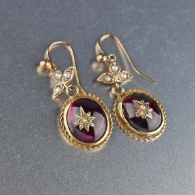 14K Gold Victorian Garnet Cabochon Pearl Dangle Earrings