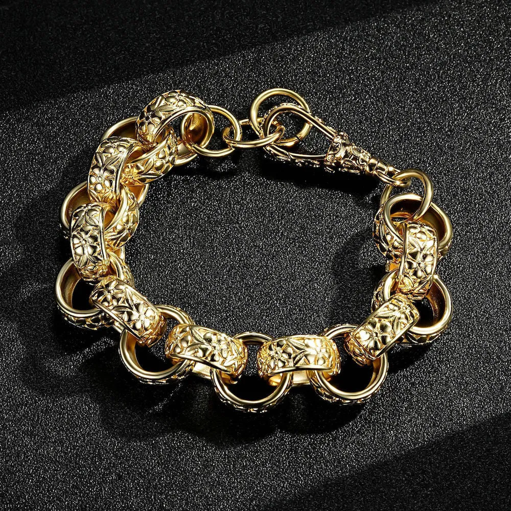 20mm XXL Gold Ornate Belcher Bracelet Albert Clasp 7.5/8 Inch