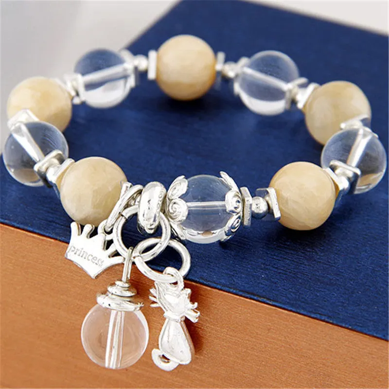 6 Colors Sweet Crystal Beads Bracelets & Bangles Crown Cat Pendant