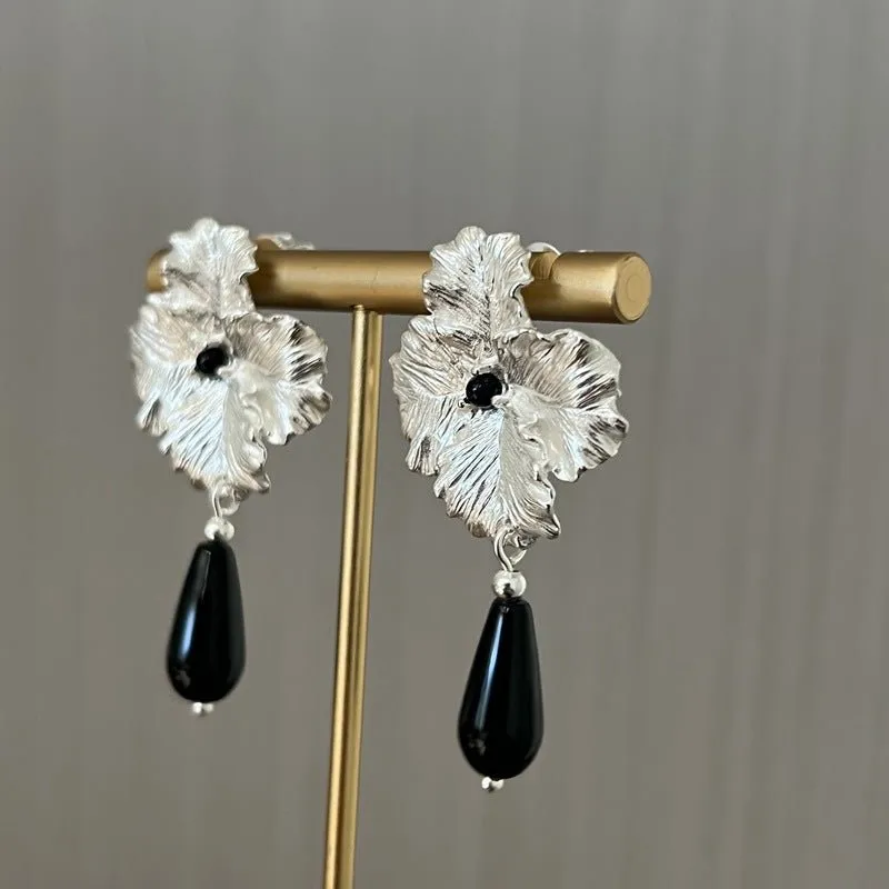 925 Sterling Silver Flower Drop Black Agate Earrings