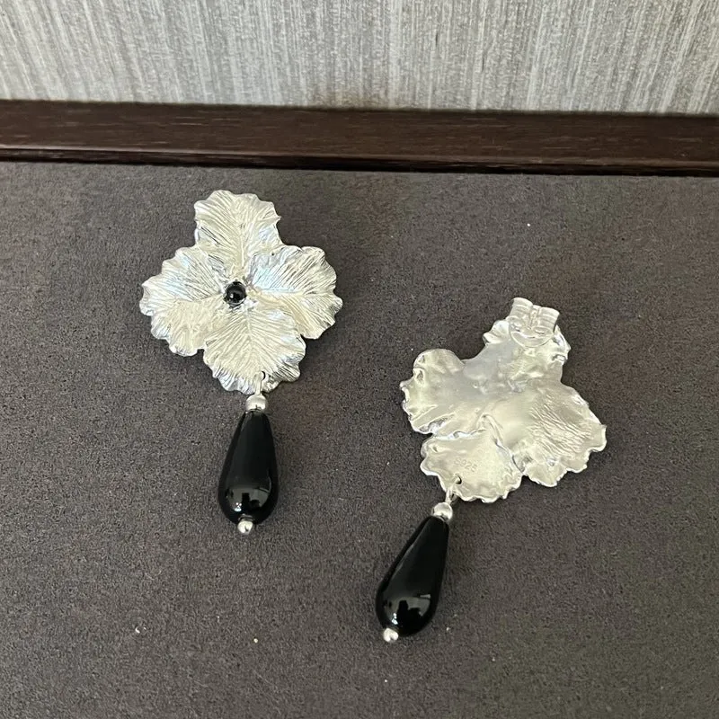 925 Sterling Silver Flower Drop Black Agate Earrings