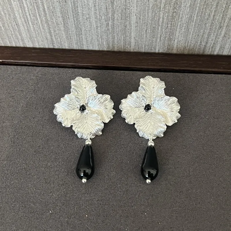 925 Sterling Silver Flower Drop Black Agate Earrings