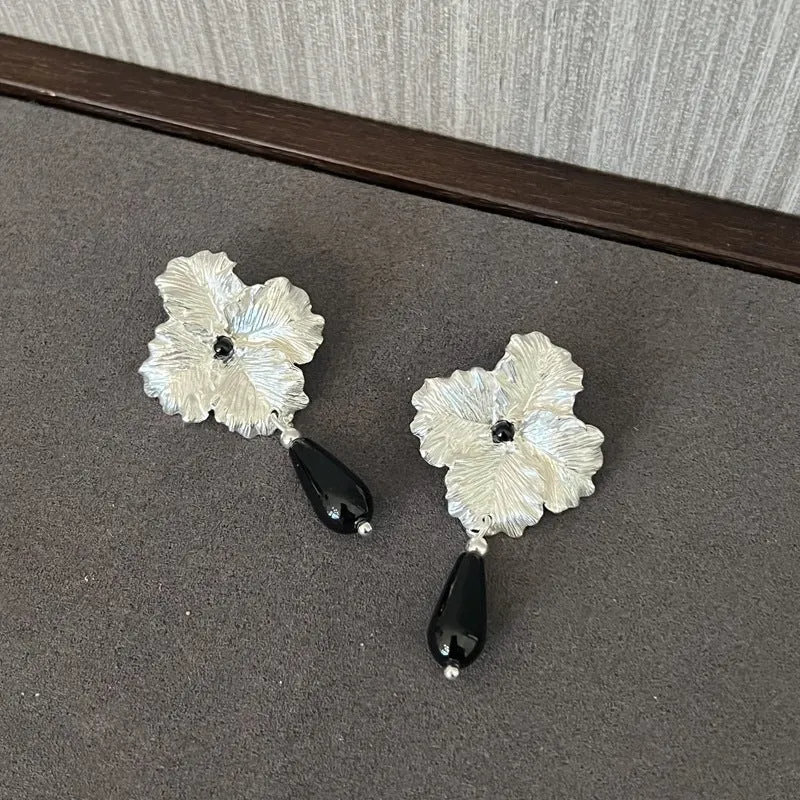 925 Sterling Silver Flower Drop Black Agate Earrings