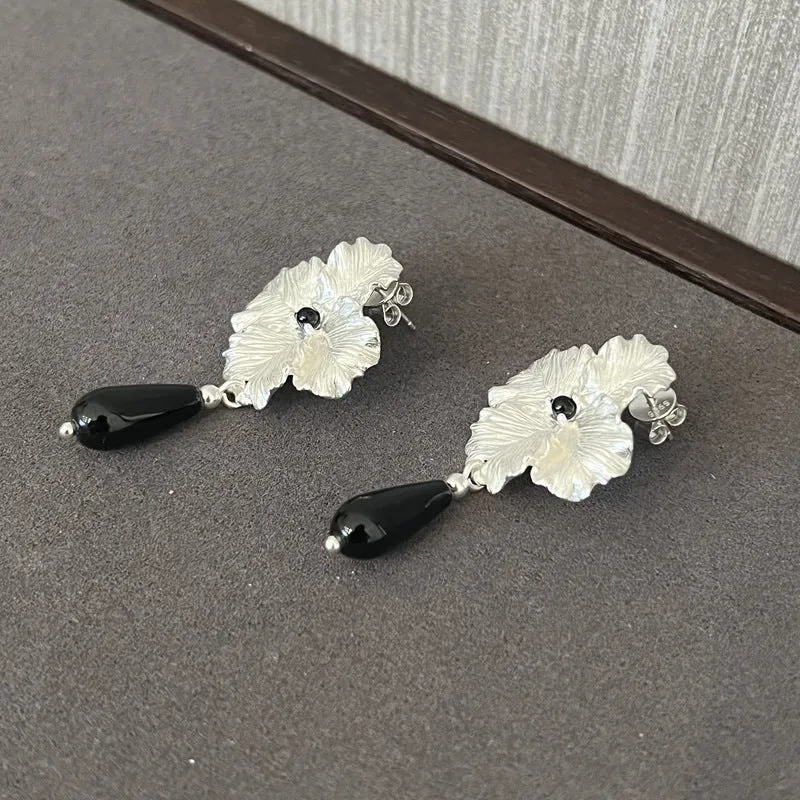 925 Sterling Silver Flower Drop Black Agate Earrings