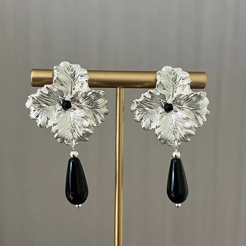 925 Sterling Silver Flower Drop Black Agate Earrings