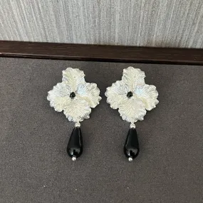 925 Sterling Silver Flower Drop Black Agate Earrings