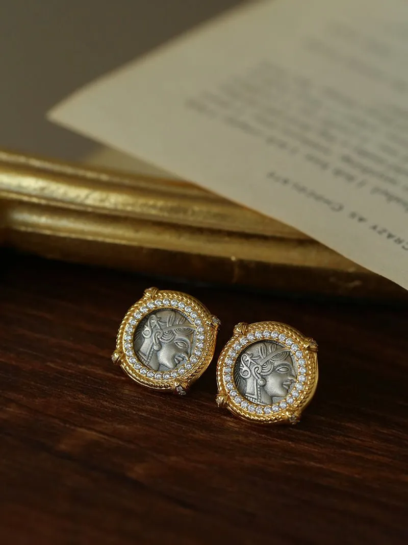 Ancient Greek Retro 925 Silver Coin Stud Earrings-Type D