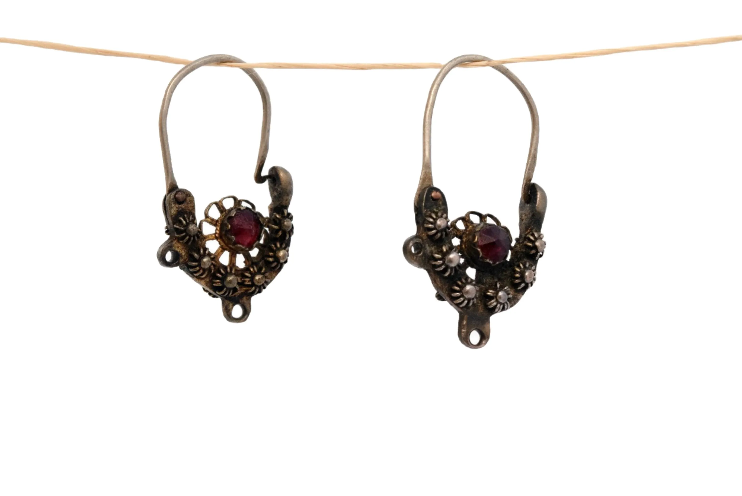 Antique Balkan Silver Earrings with Faceted Red Stone