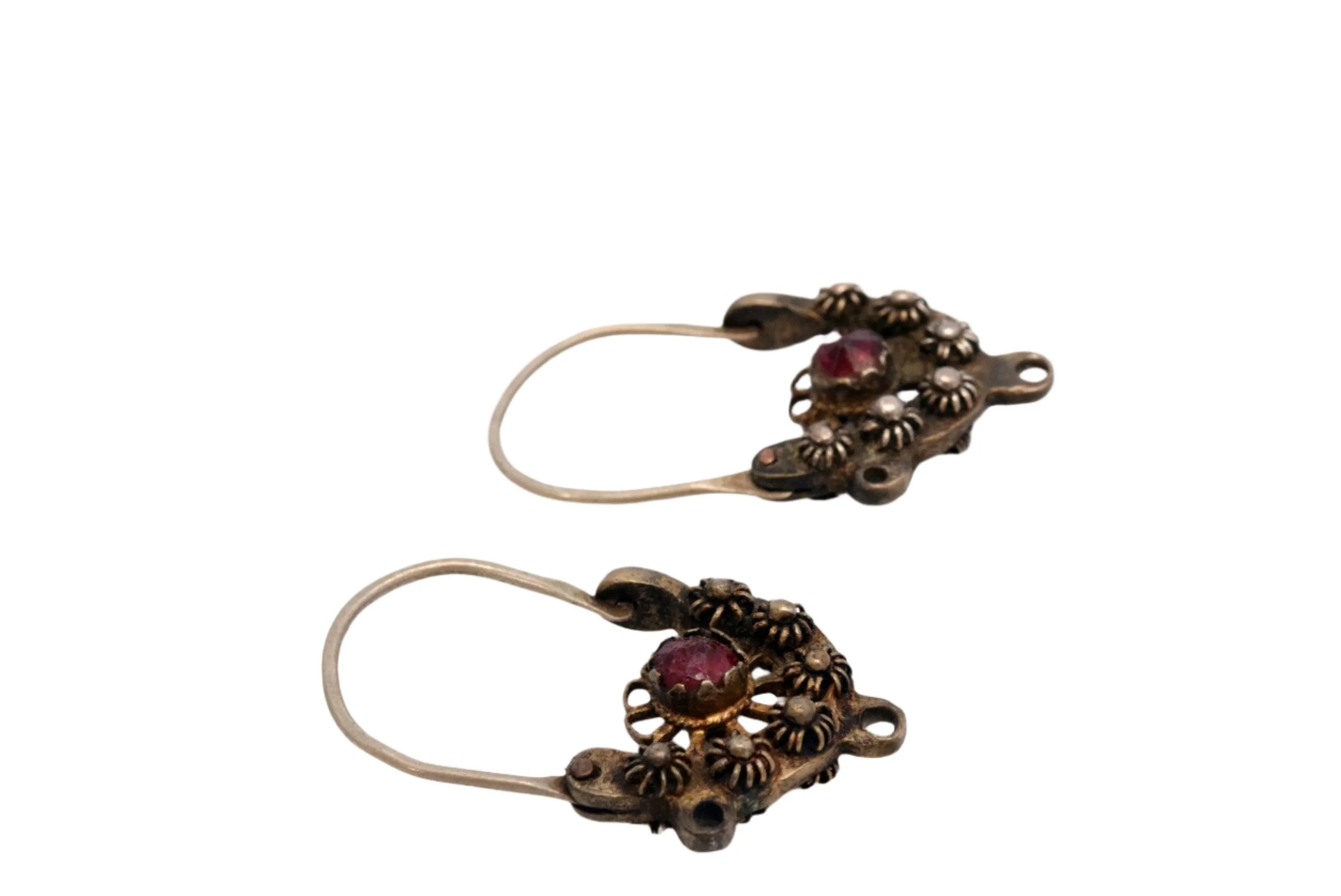 Antique Balkan Silver Earrings with Faceted Red Stone