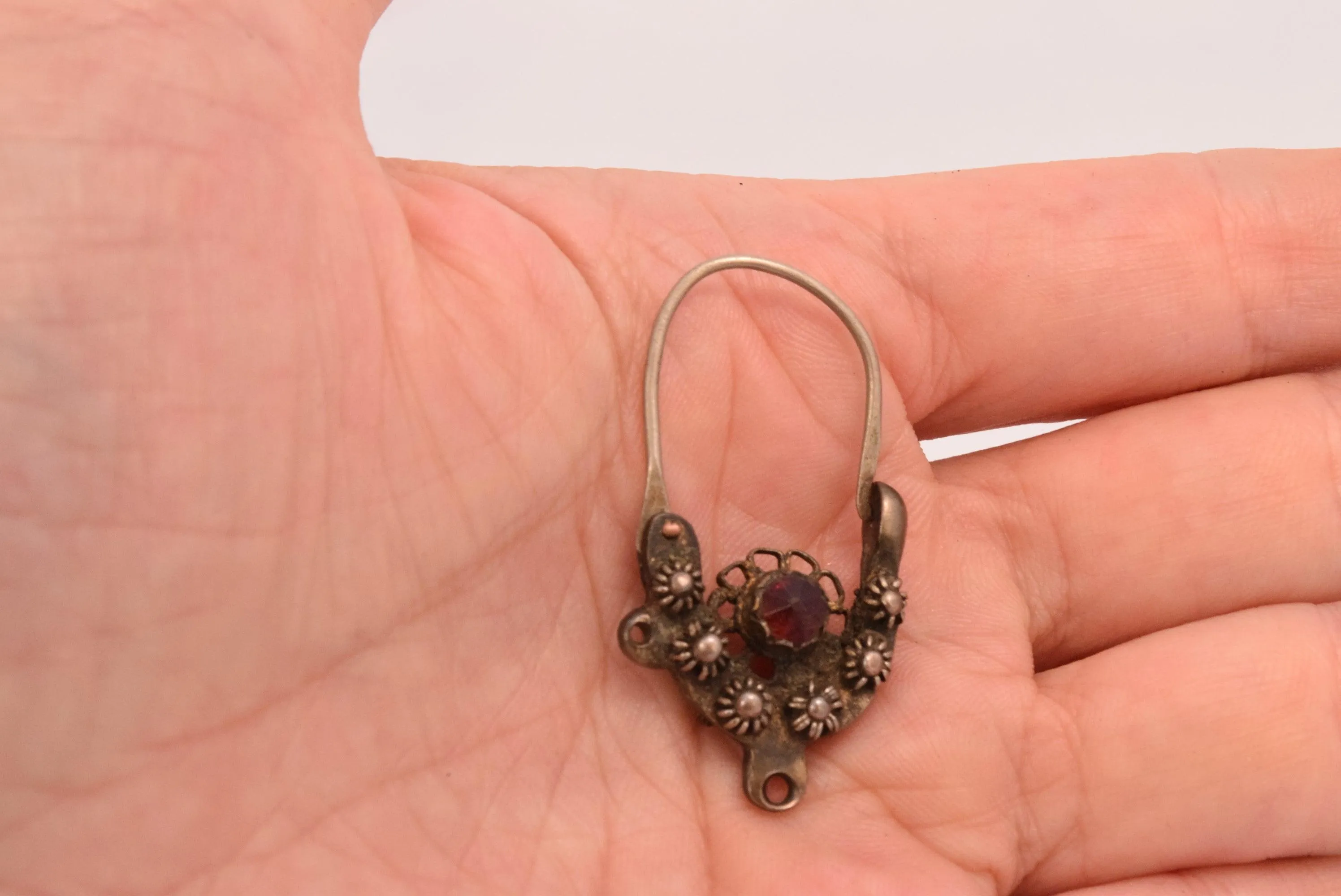 Antique Balkan Silver Earrings with Faceted Red Stone