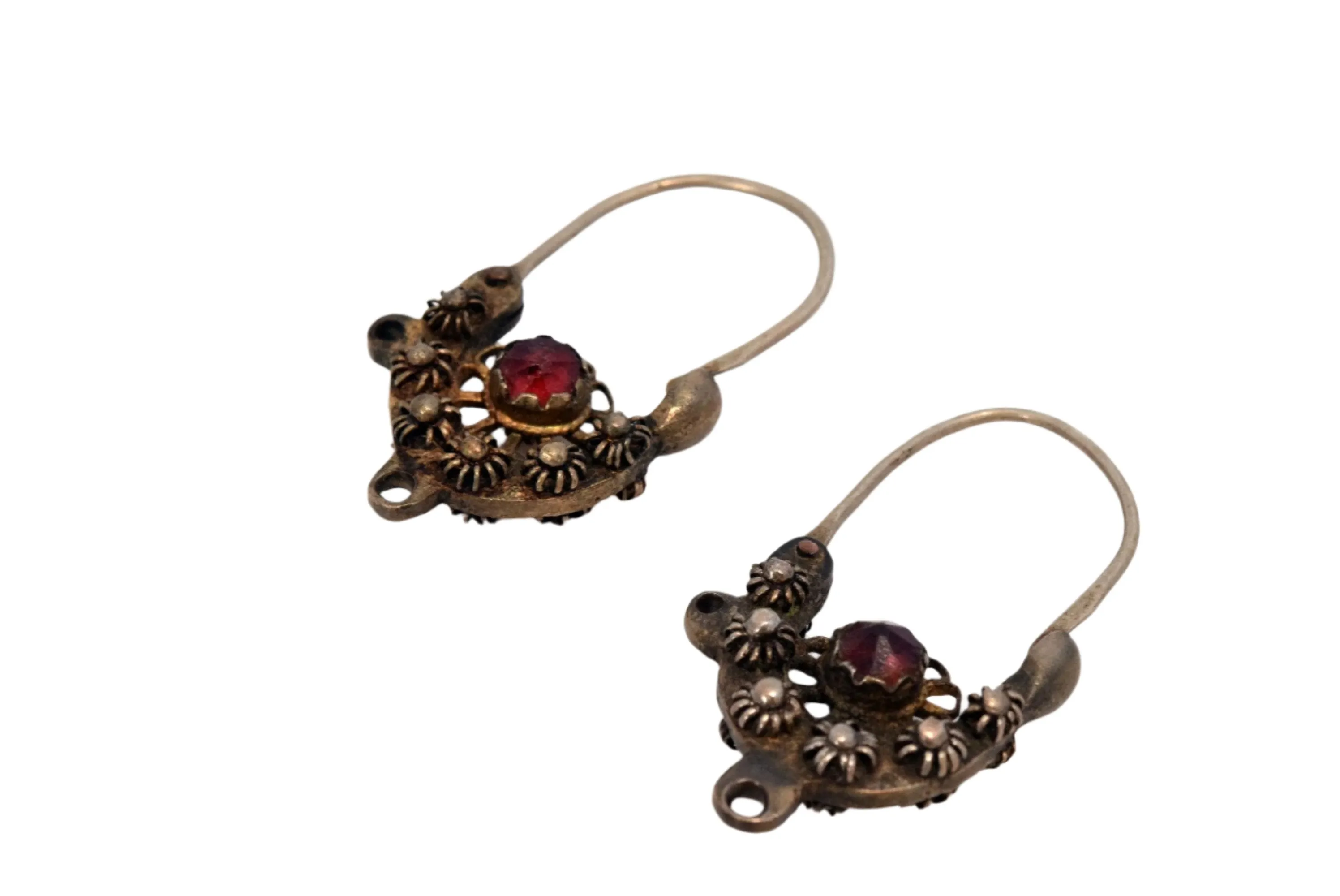 Antique Balkan Silver Earrings with Faceted Red Stone