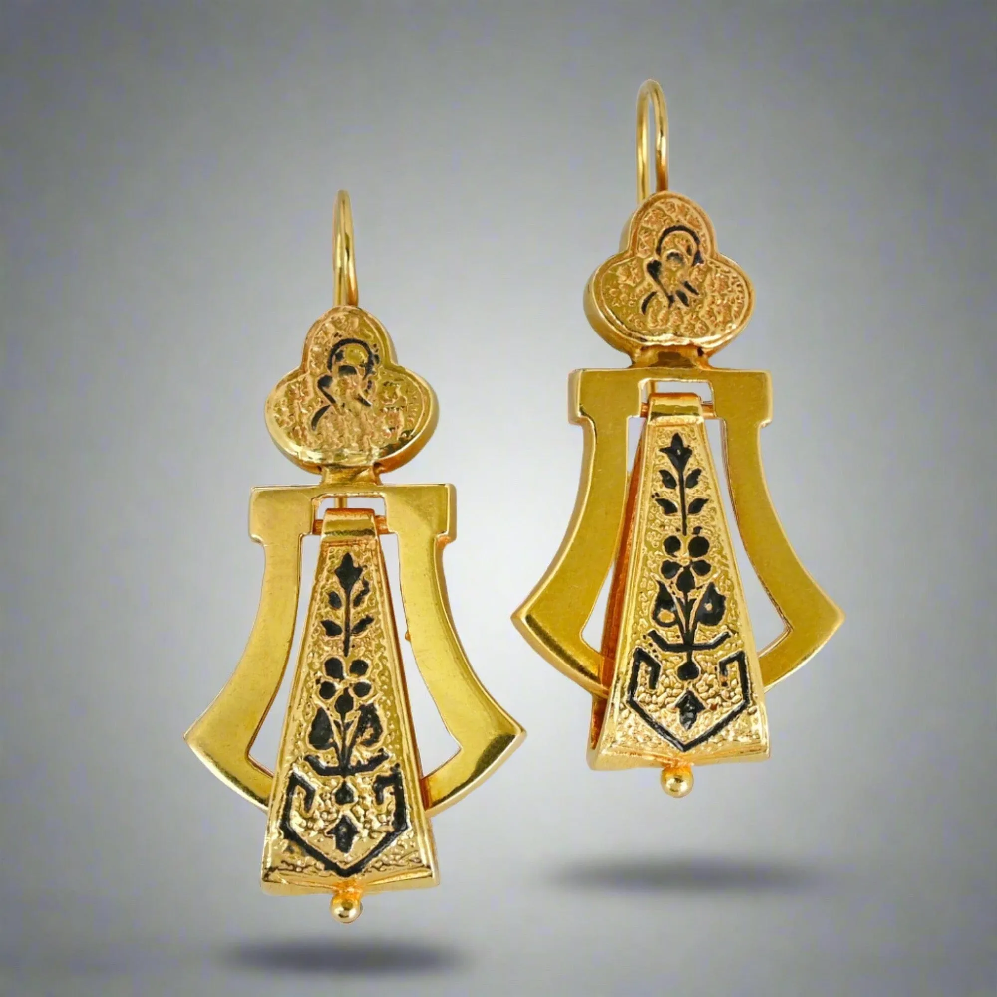 Antique Victorian Enamel Taille D'Epargne 14K Gold Earrings