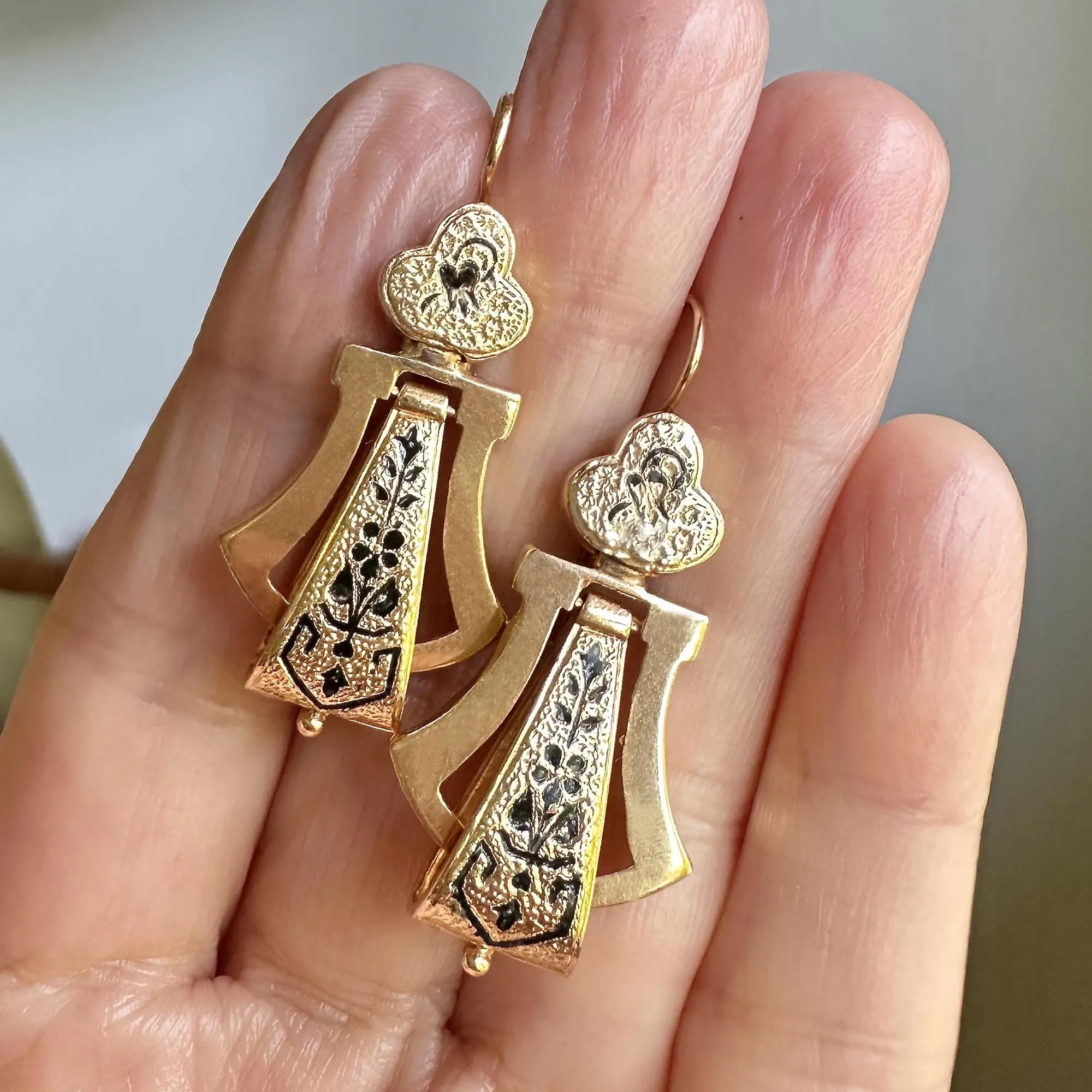 Antique Victorian Enamel Taille D'Epargne 14K Gold Earrings