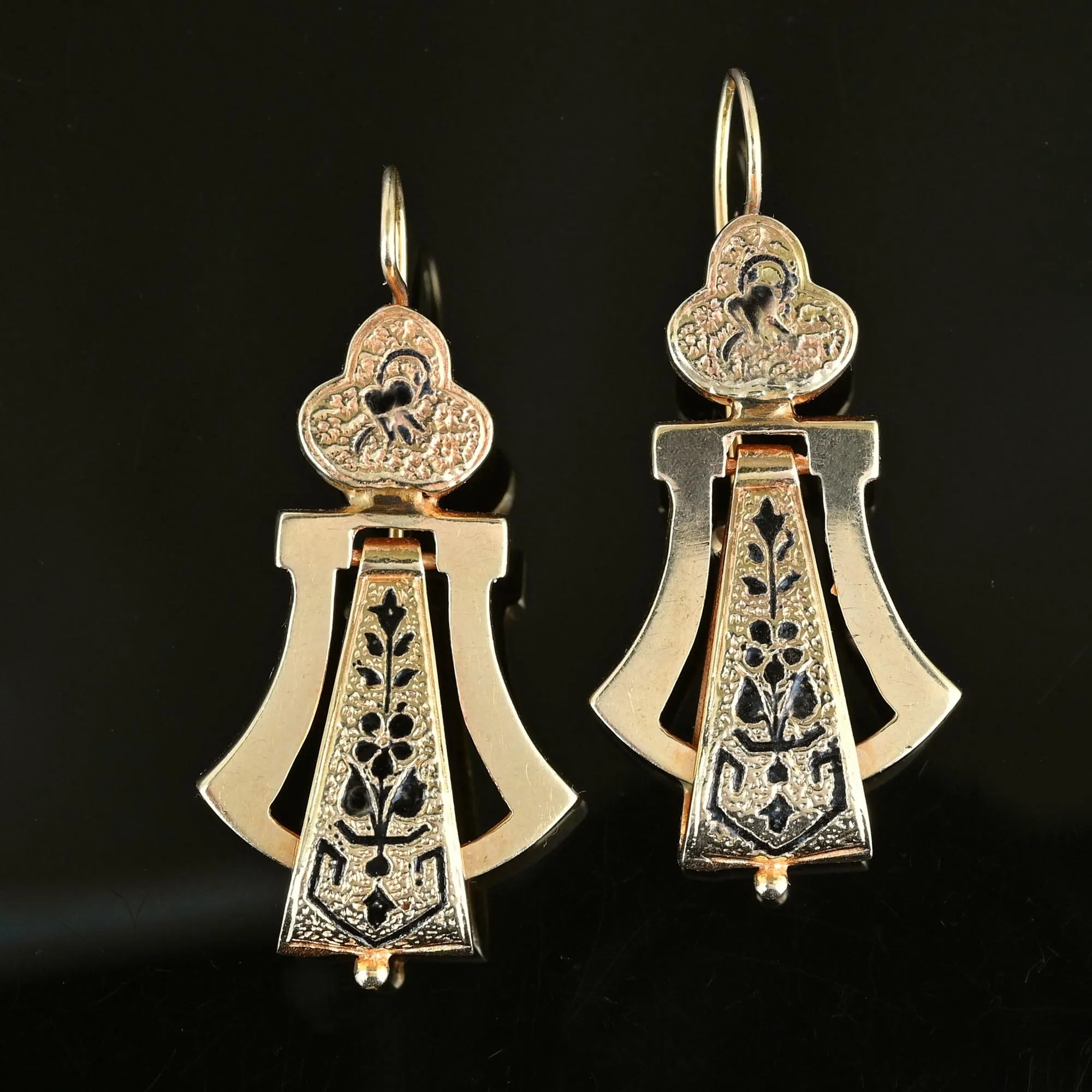 Antique Victorian Enamel Taille D'Epargne 14K Gold Earrings