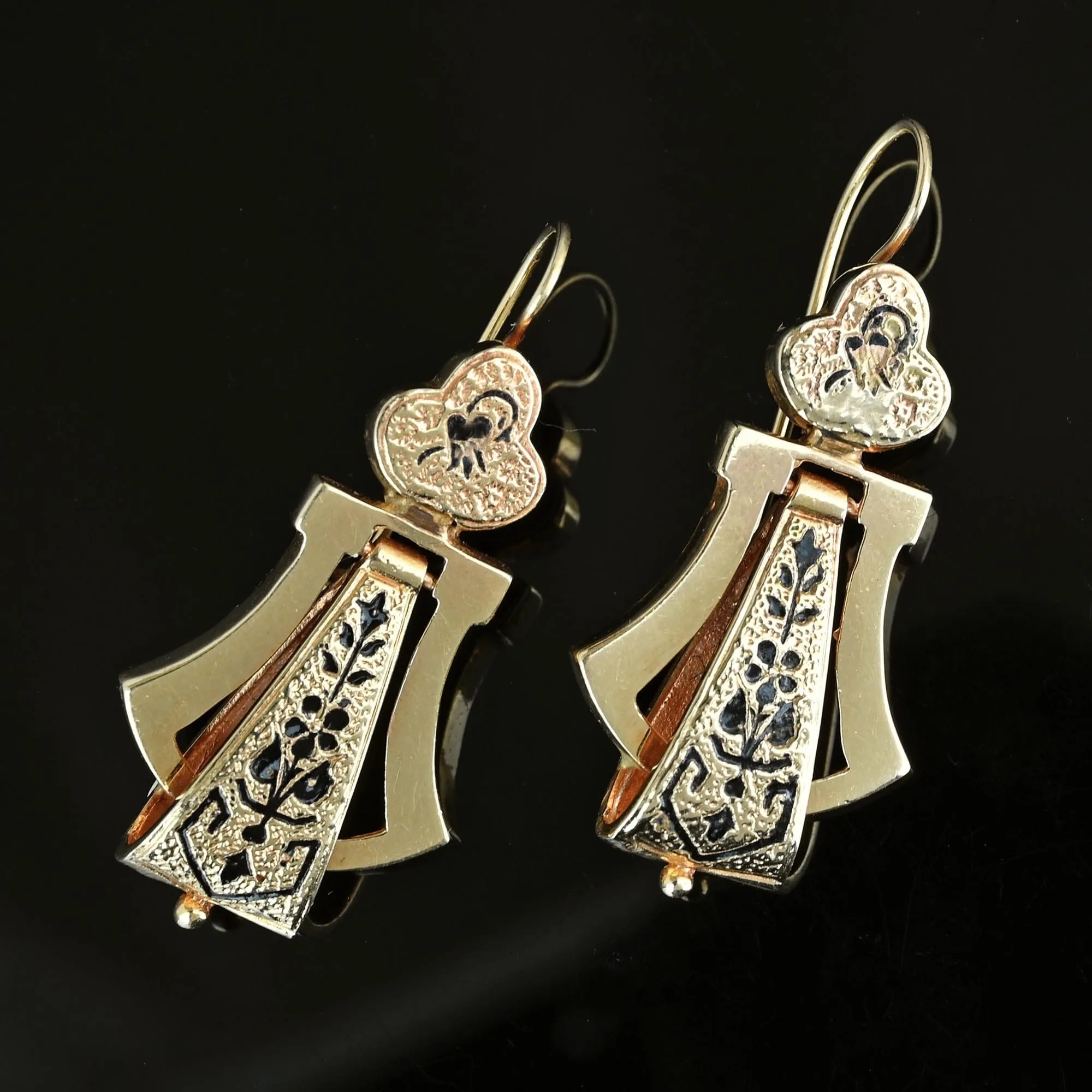 Antique Victorian Enamel Taille D'Epargne 14K Gold Earrings