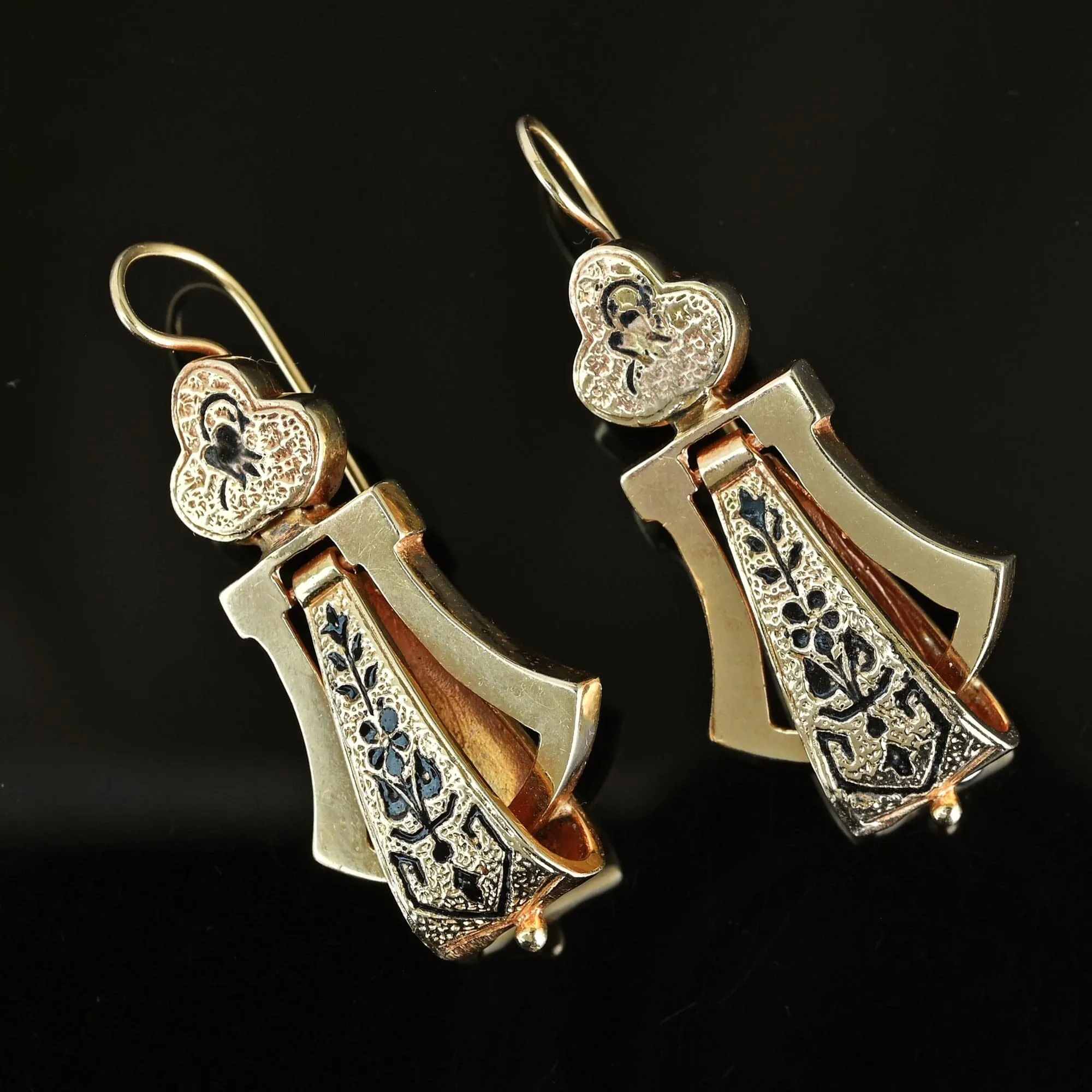 Antique Victorian Enamel Taille D'Epargne 14K Gold Earrings