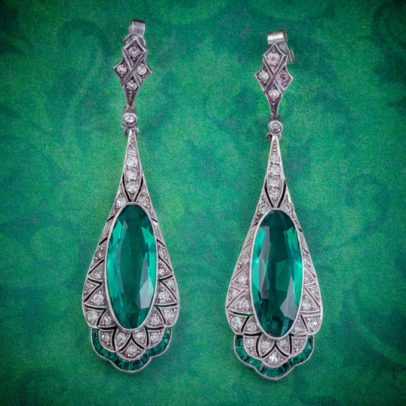 Art Deco Green Paste Drop Earrings Silver Circa 1920