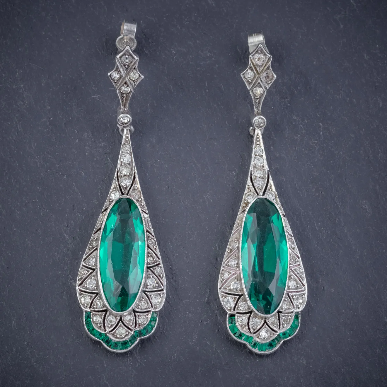 Art Deco Green Paste Drop Earrings Silver Circa 1920