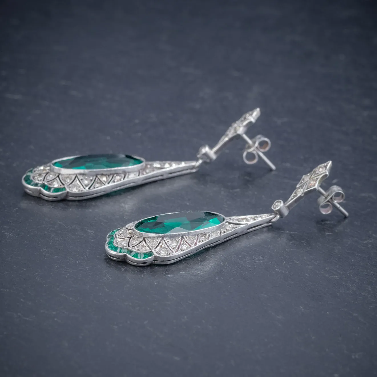 Art Deco Green Paste Drop Earrings Silver Circa 1920