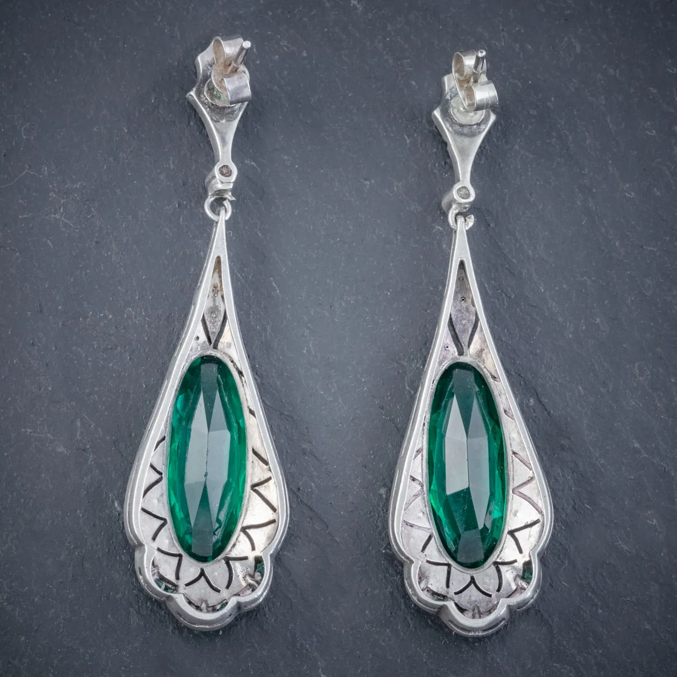 Art Deco Green Paste Drop Earrings Silver Circa 1920