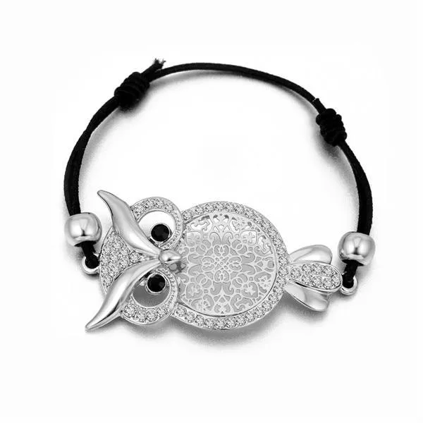 Bejeweled Cubic Zirconia Owl Charm Rope Bracelet