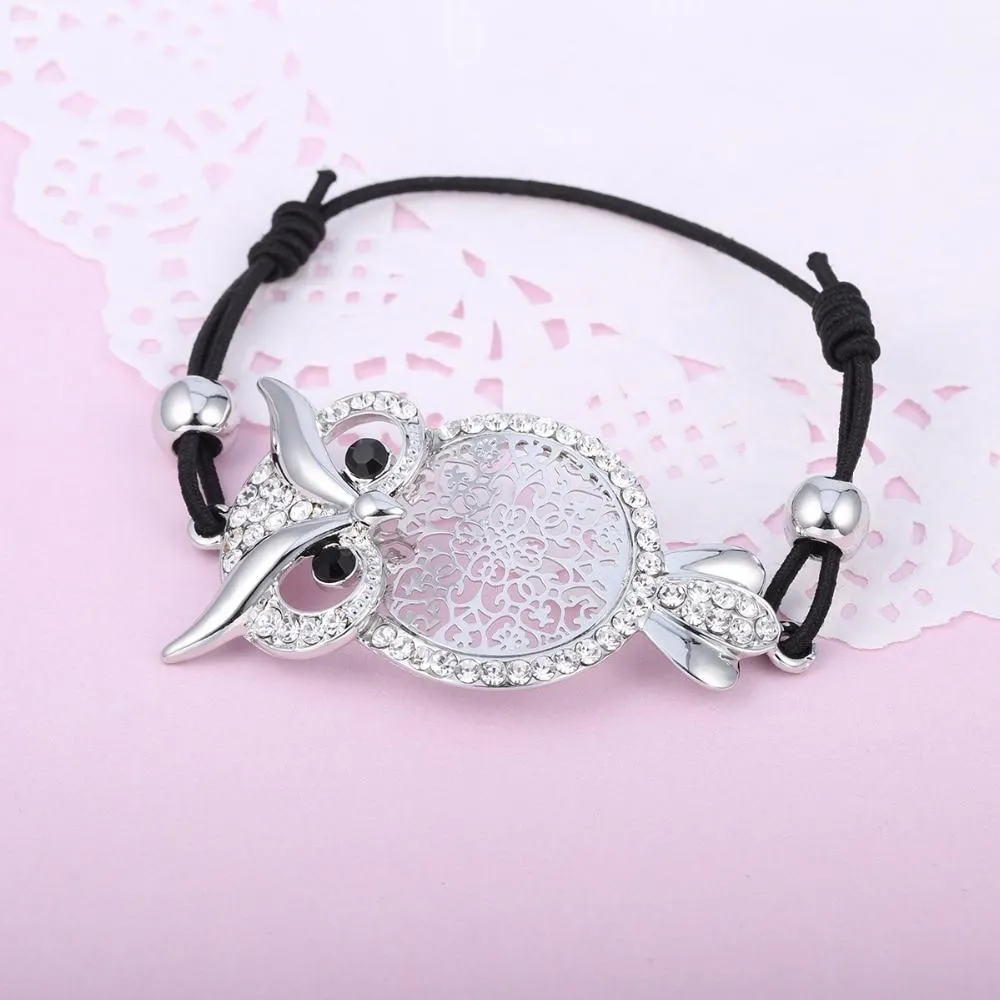 Bejeweled Cubic Zirconia Owl Charm Rope Bracelet