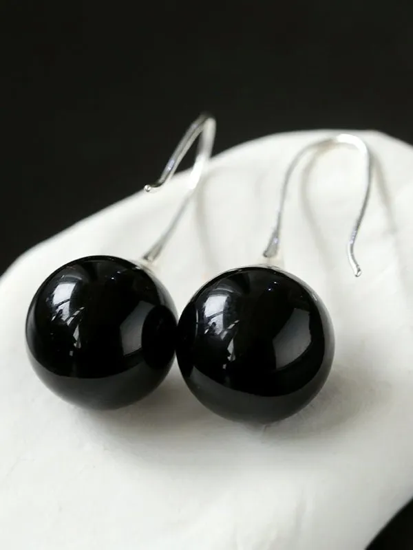 Black Agate White Crystals Pearl Ear Hooks Drop Earrings