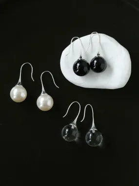 Black Agate White Crystals Pearl Ear Hooks Drop Earrings