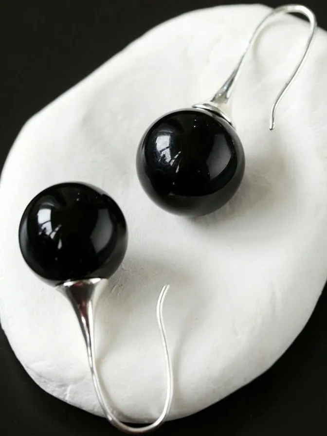 Black Agate White Crystals Pearl Ear Hooks Drop Earrings