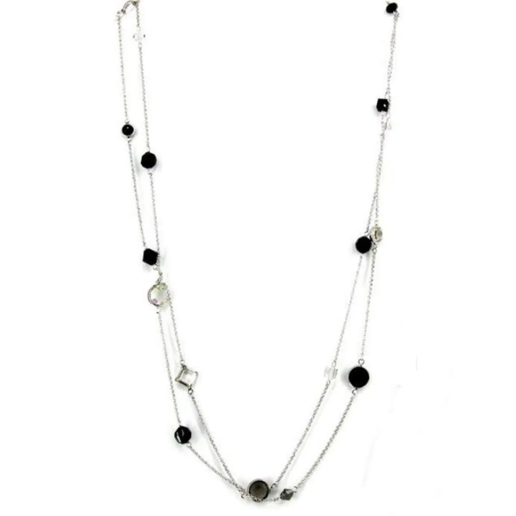 Black and Clear Crystal Long Silver Necklace