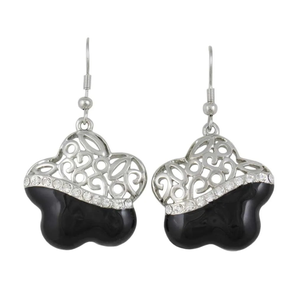 Black and Crystal Filigree Flower Dangling Earring - REE405BK