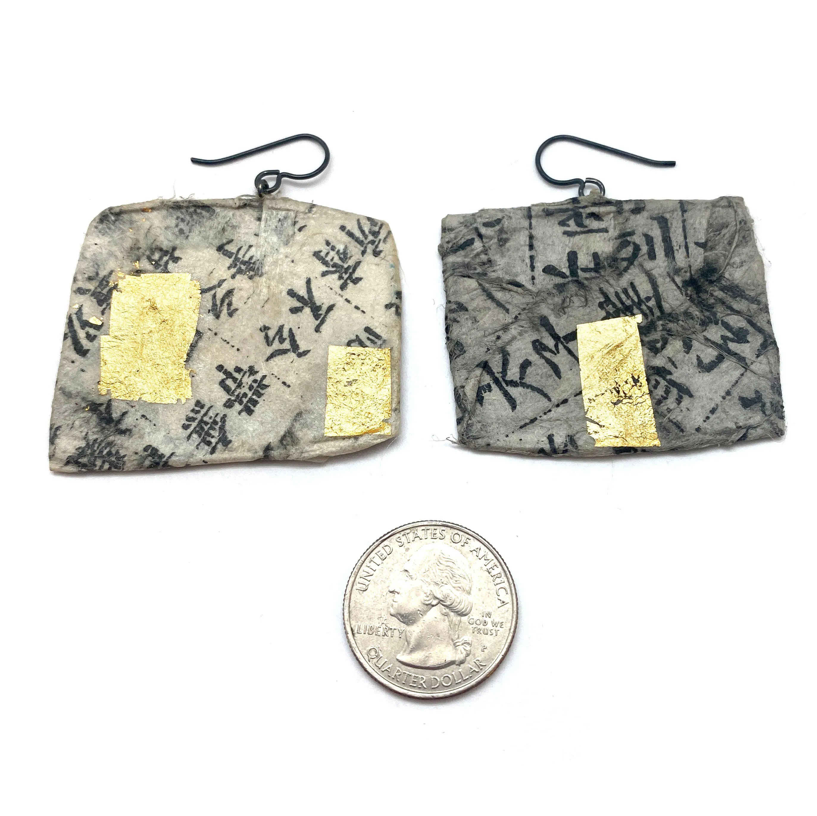 Black, White, and Gold Rectangle Calligraphy Earrings