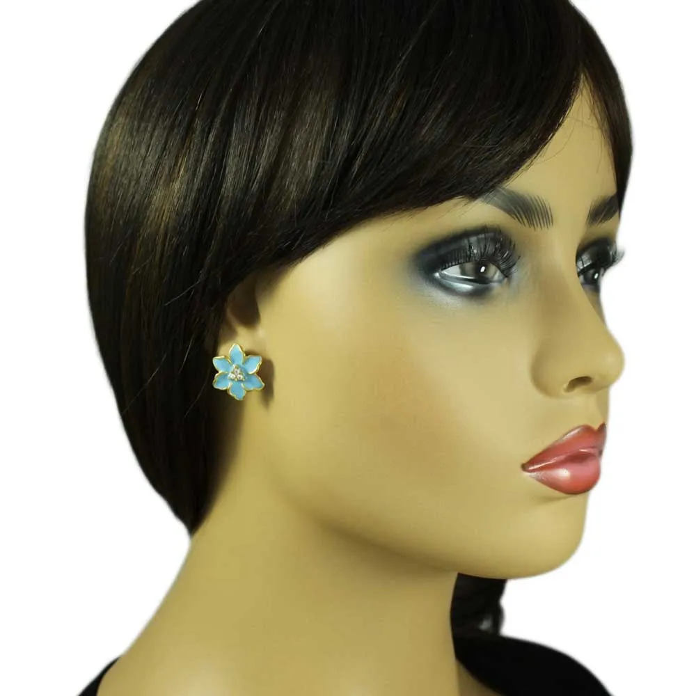 Blue Enamel with Crystals Flower Pierced Earring - REE909BL