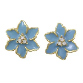 Blue Enamel with Crystals Flower Pierced Earring - REE909BL