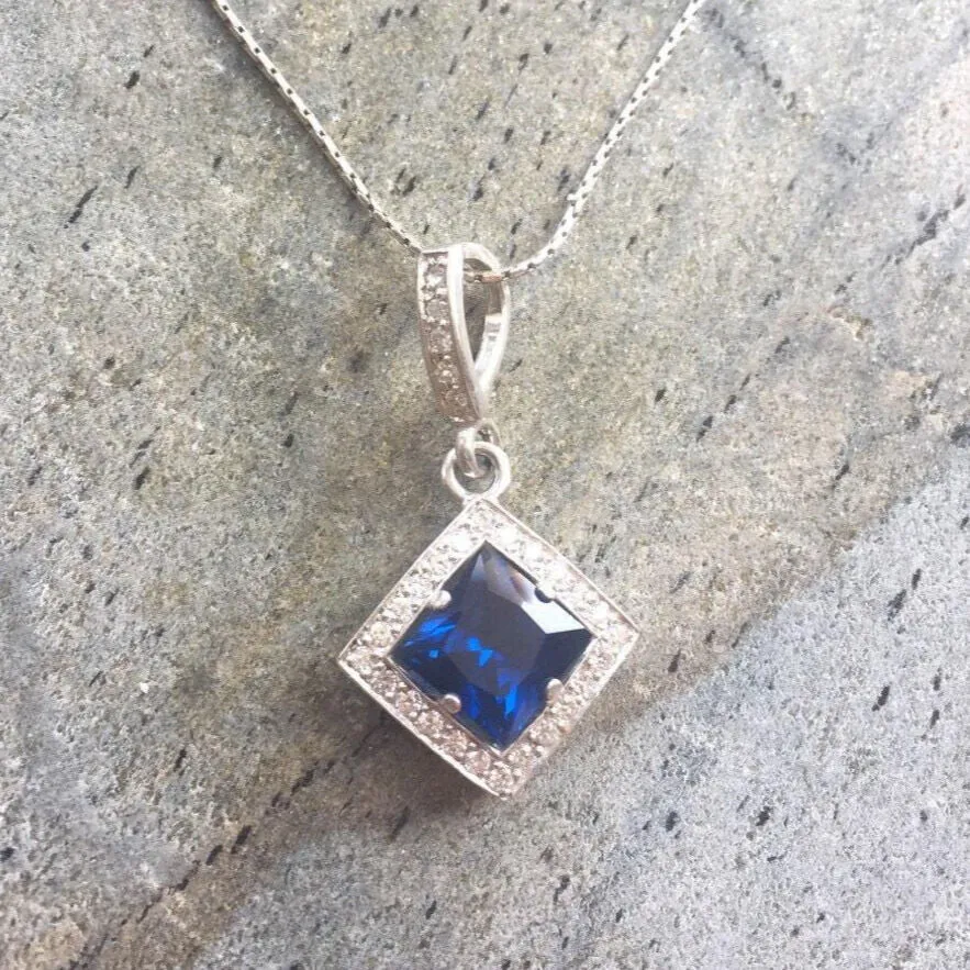 Blue Sapphire Pendant - Blue Vintage Necklace - Princess Cut Sapphire Necklace