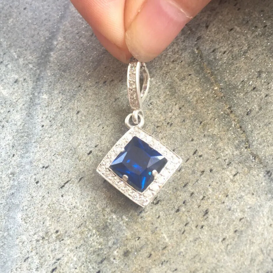 Blue Sapphire Pendant - Blue Vintage Necklace - Princess Cut Sapphire Necklace