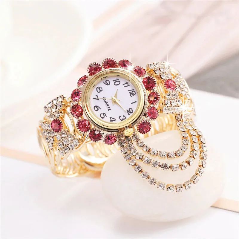 Brilliant Colorful Rhinestone Tassel Bejeweled Bracelets Quartz Watches