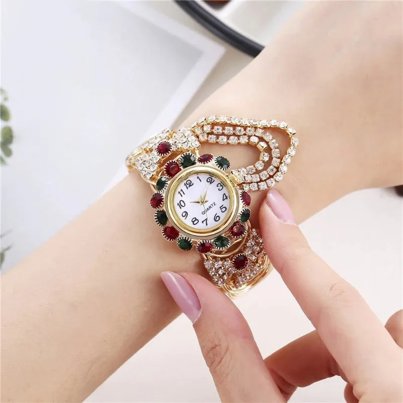 Brilliant Colorful Rhinestone Tassel Bejeweled Bracelets Quartz Watches