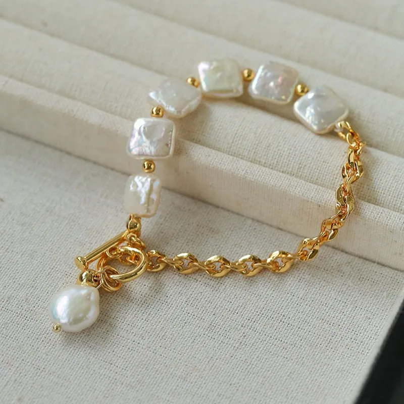 Chain Stitching Square Baroque Pearl Y Shaped Bracelet