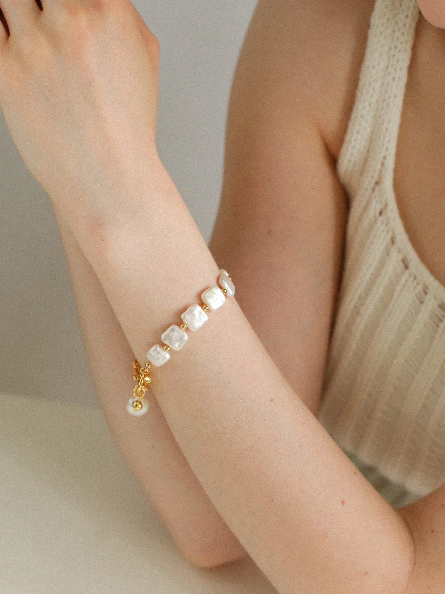 Chain Stitching Square Baroque Pearl Y Shaped Bracelet