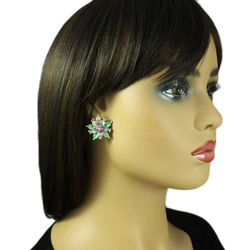 Colorful Enamel and Crystal Flower Pierced Earring - RSN690E