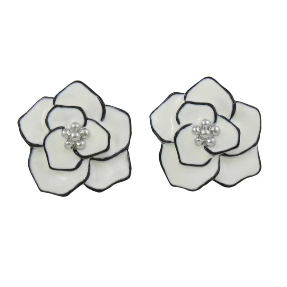 Cream Enamel Flower Outlined in Black Clip Earring - EQ102C