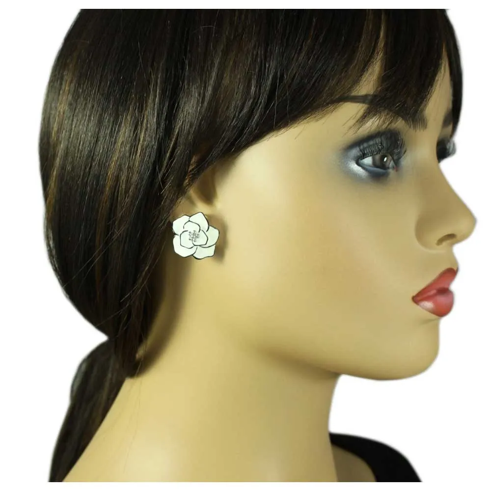 Cream Enamel Flower Outlined in Black Clip Earring - EQ102C