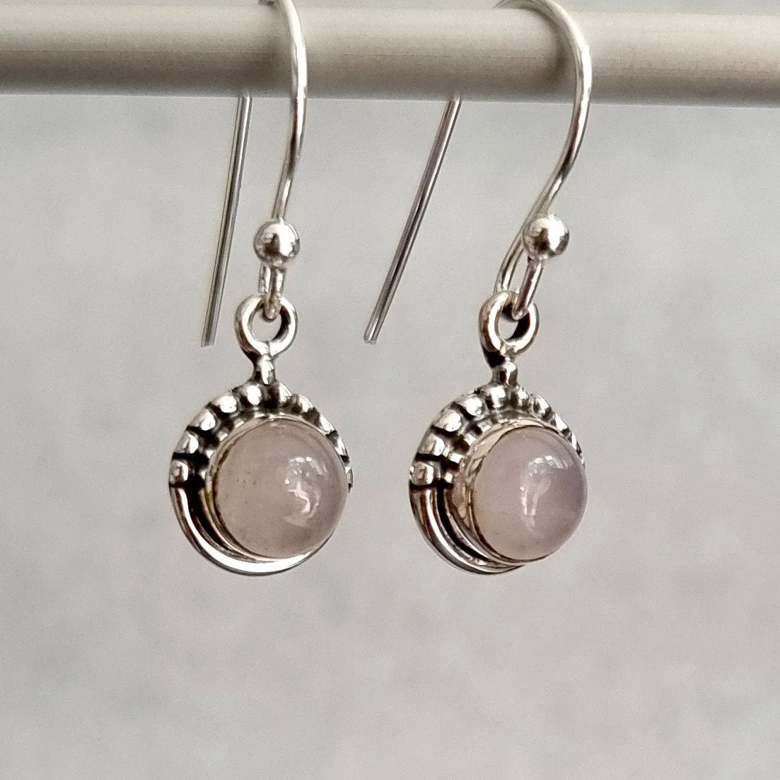 Dainty Boho Round 6mm Rose Quartz 925 Silver Earrings, E91RQ