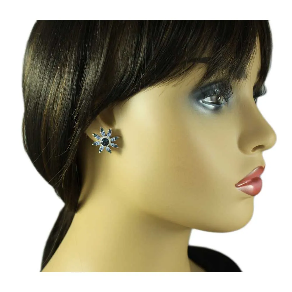 Dark and Light Blue Crystal Flower Clip Earring - REC828C