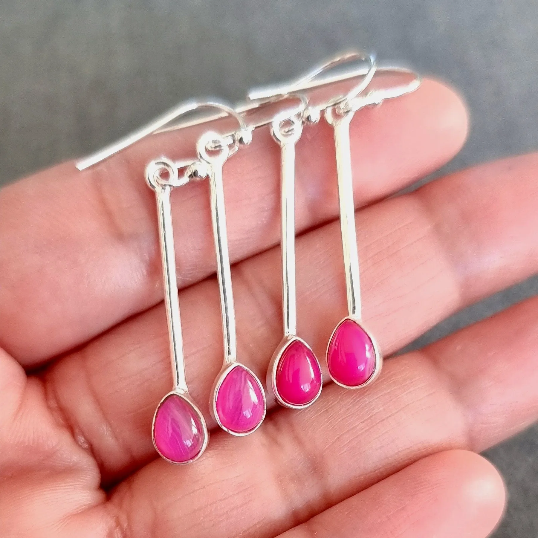 Elegant Long HOT Pink Agate Sterling Silver Earrings, E15PAG