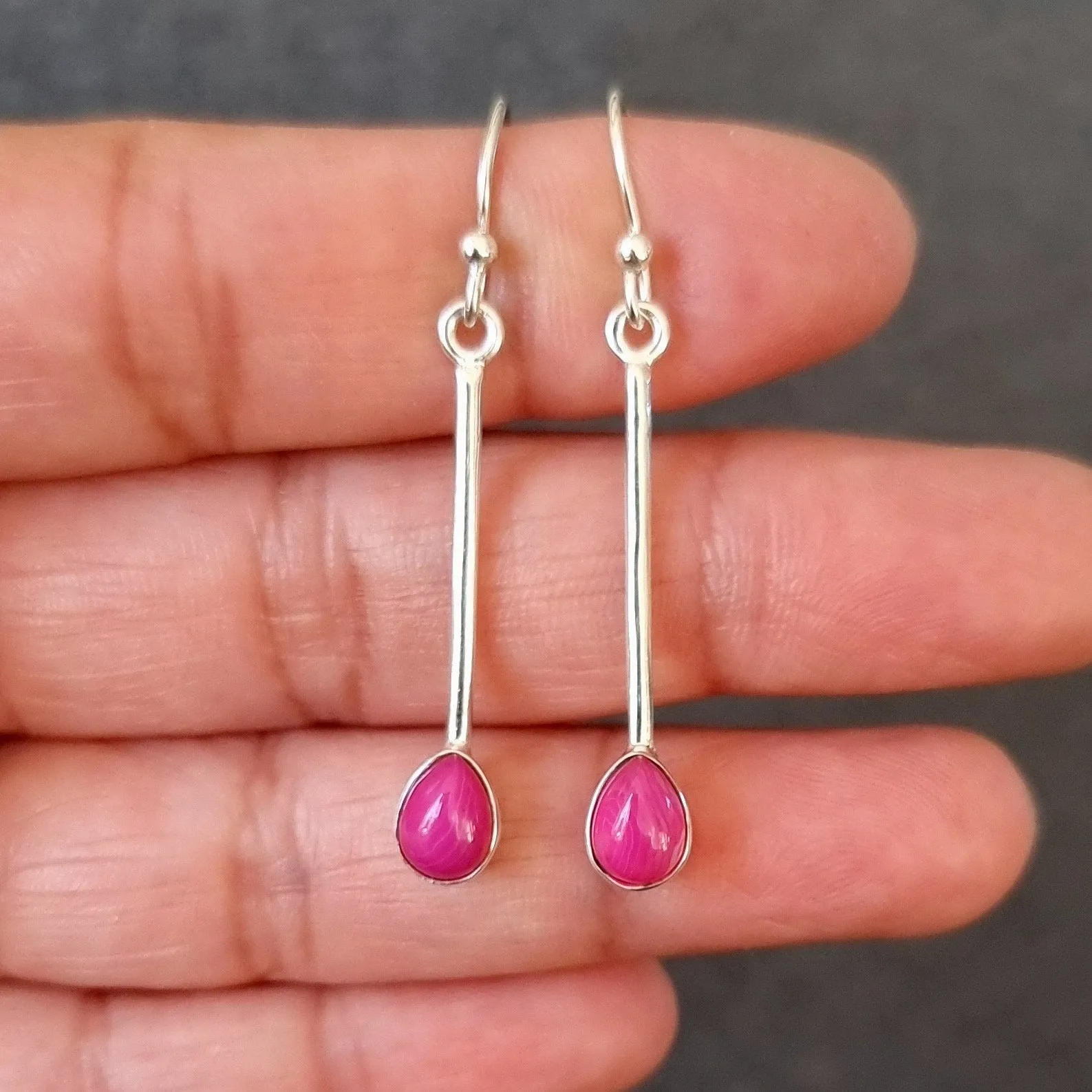 Elegant Long HOT Pink Agate Sterling Silver Earrings, E15PAG