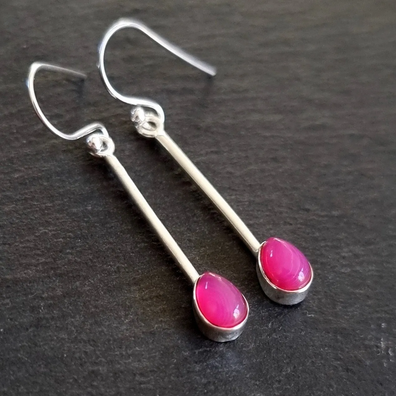 Elegant Long HOT Pink Agate Sterling Silver Earrings, E15PAG